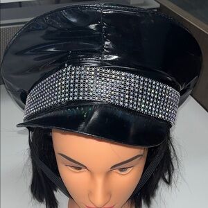 Leg Avenue Shiny faux leather Black Cap with Rhinestone Band & chin strap